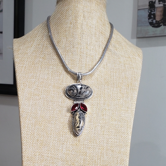 Garnet necklace, jasper necklace, 925 silver jasper garnet pendant necklace - Picture 7 of 13